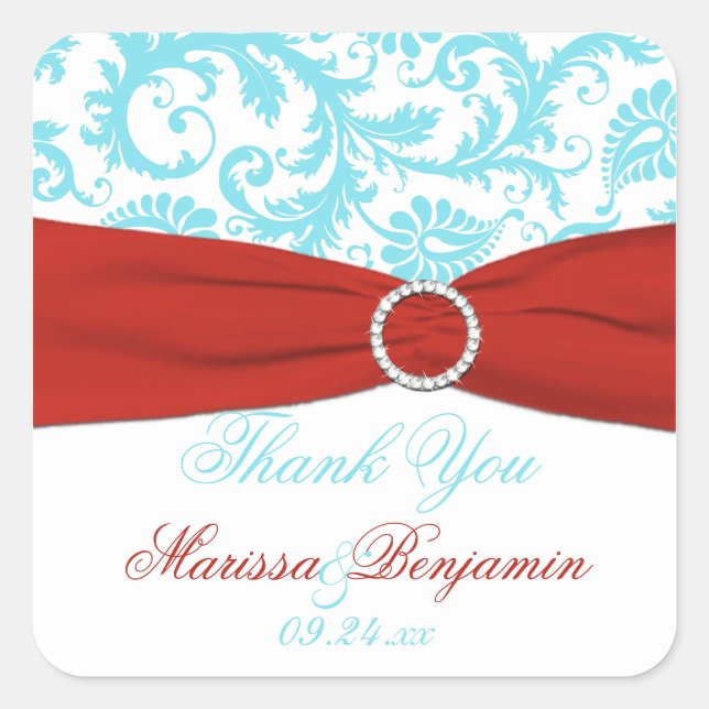 Aqua, Red, and White Damask Wedding Favour Sticker (Front)