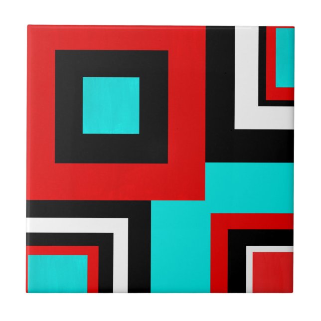 Aqua Red Black White Geometric Block Ceramic Tile (Front)