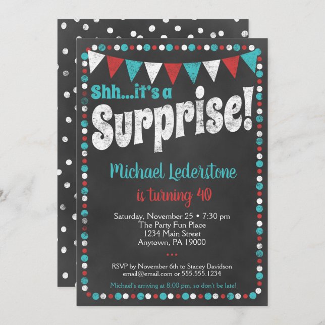 Aqua Red Chalkboard Surprise Invitation (Front/Back)