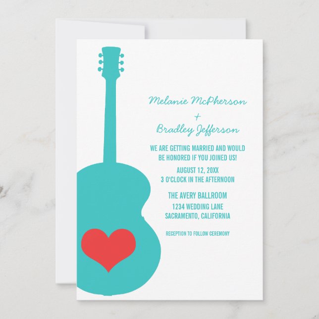 Aqua/Red Guitar Heart Wedding Invite (Front)