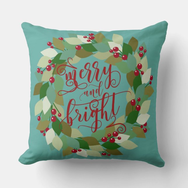 Aqua & Red | Merry & Bright | Holiday Wreath Cushion (Front)