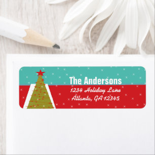 Aqua & Red Retro Christmas Tree Return Address Return Address Label