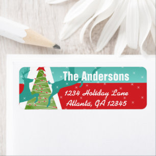 Aqua Red Retro Reindeer Tree Large Return Address Label
