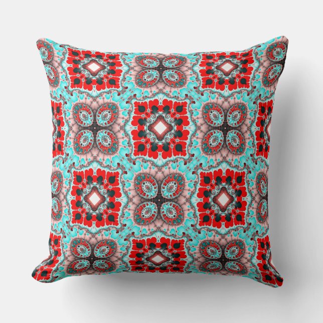 Aqua Red Square Pattern Cushion (Front)