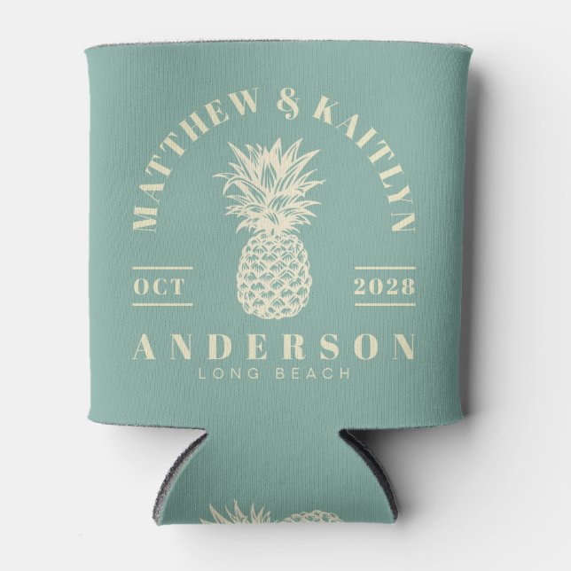 Aqua Reef Tropical Pineapple Wedding Crest Can Cooler (Front)