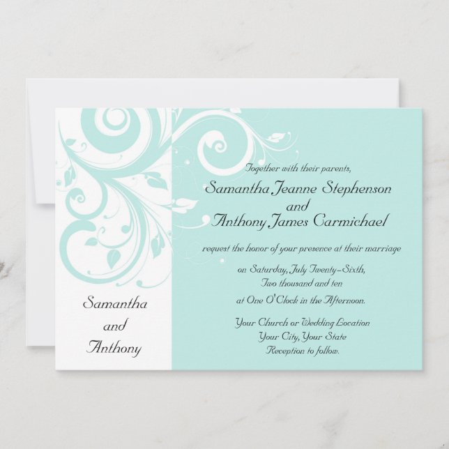 Aqua Reverse Swirl Wedding Invitations (Front)