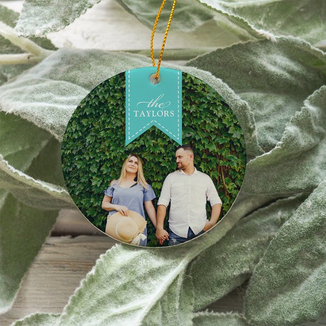 Aqua Ribbon | Holiday Photo Ceramic Ornament (Creator Uploaded)