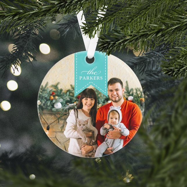 Aqua Ribbon | Personalised Holiday Photo Ornament (Creator Uploaded)
