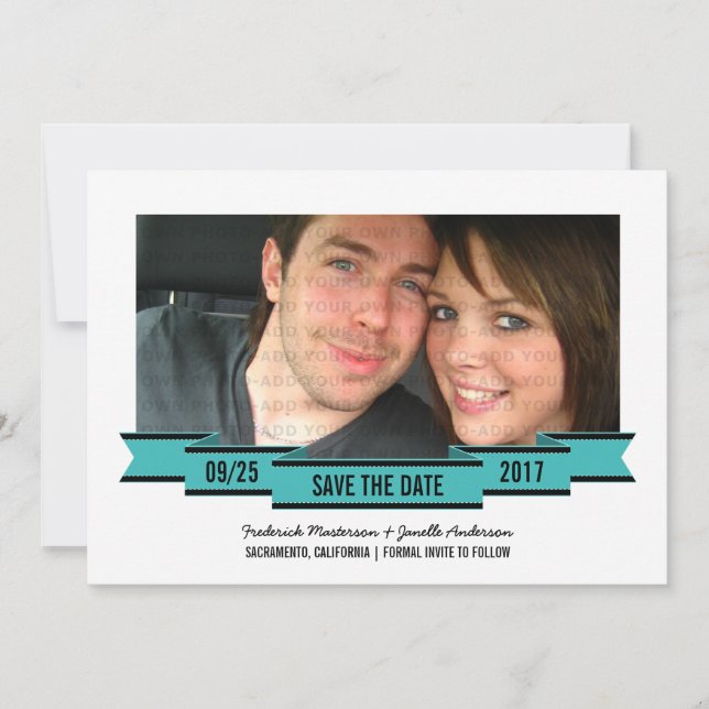 Aqua Ribbon Photo Save the Date Invite (Front)