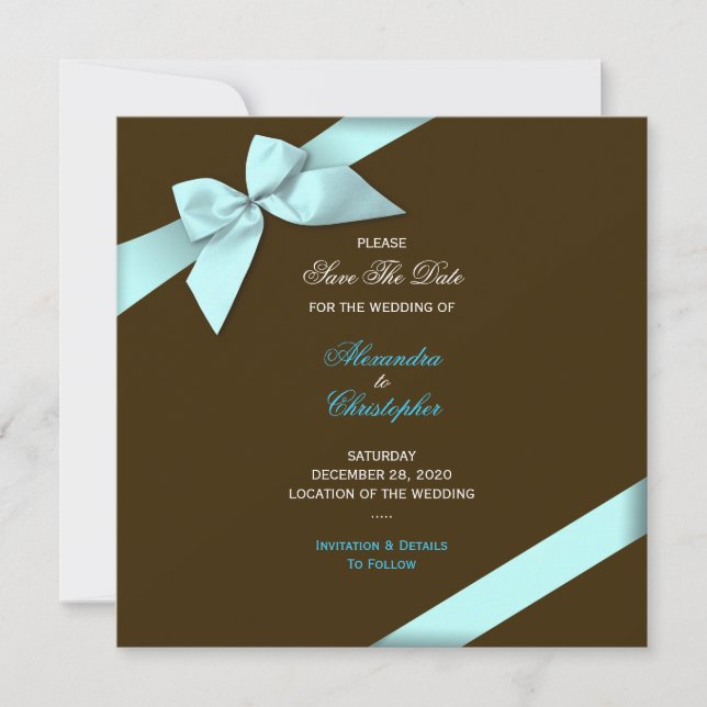 Aqua Ribbon Wedding Save The Date S5V2 (Front)