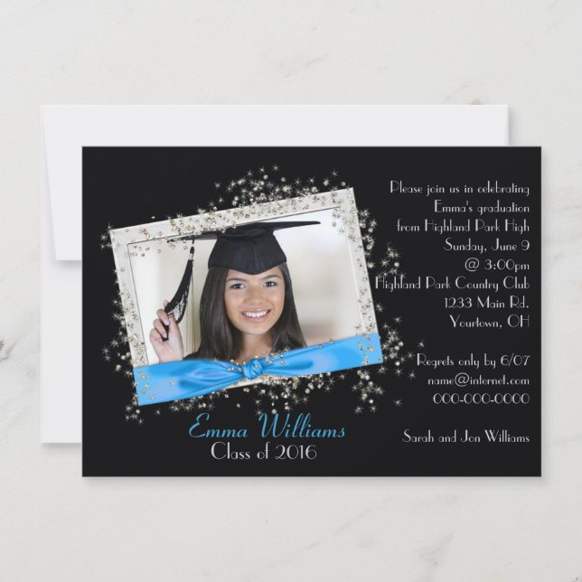 Aqua Ribbon with Glitter Graduation Invitation (Front)