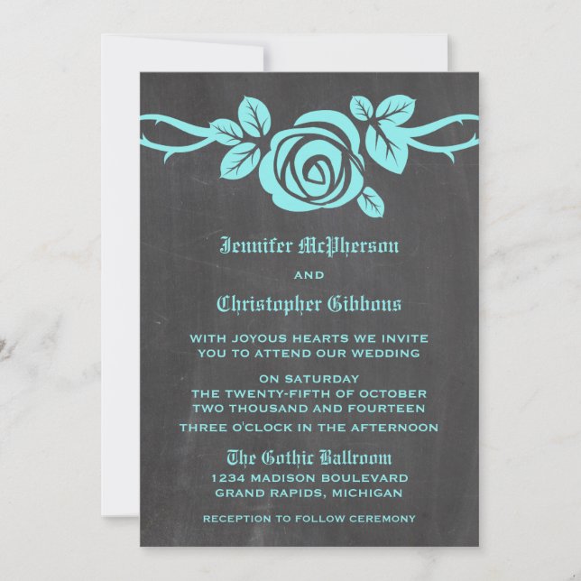 Aqua Rose Chalkboard Wedding Invite (Front)