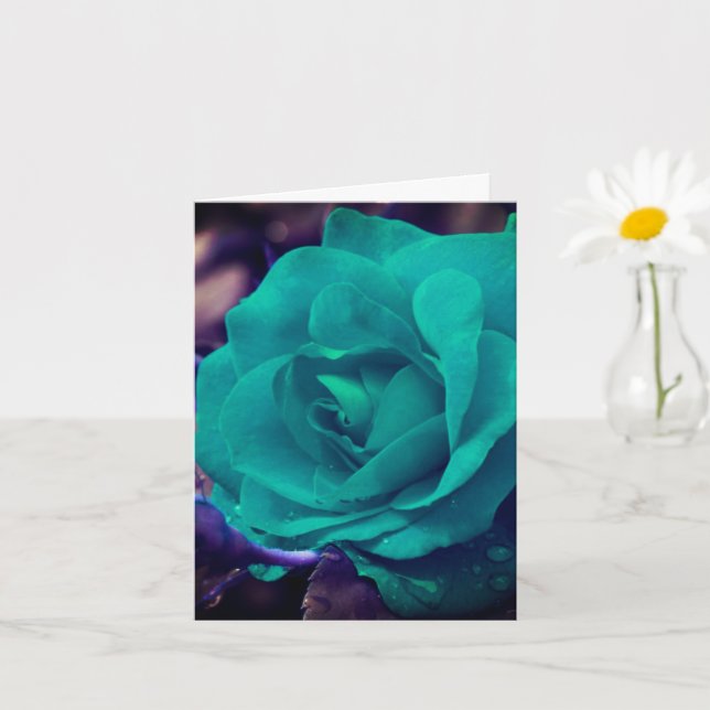 Aqua Rose Flower Blank Note Card (Small Plant)