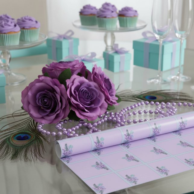 Aqua Rose Wrapping Paper (A serene table at a bridal shower with aqua blue and purple and coquette aesthetic)
