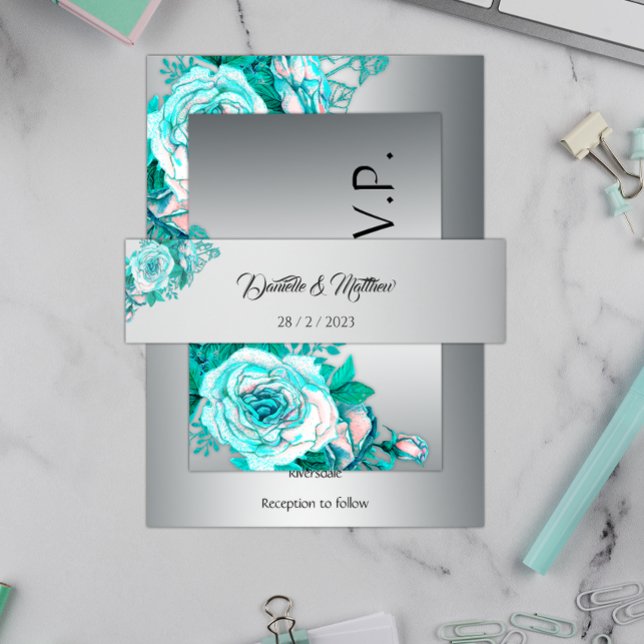 Aqua Roses and Elegant Silver Floral Wedding Invitation Belly Band (Creator Uploaded)