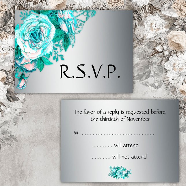Aqua Roses and Silver Wedding RSVP (Creator Uploaded)