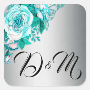 Aqua Roses and Silver Wedding Square Sticker