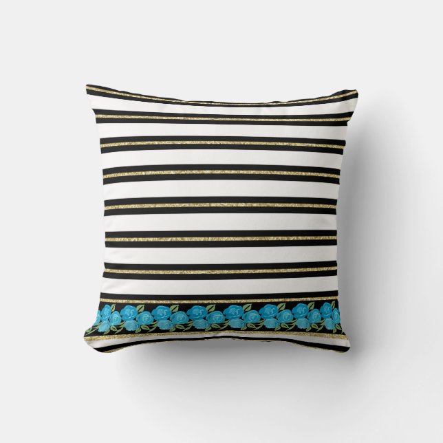 Aqua Roses on Black, White, Gold Stripes Cushion (Front)