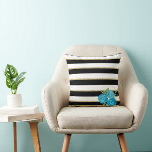 Aqua Roses on Black, White, Gold Stripes Cushion