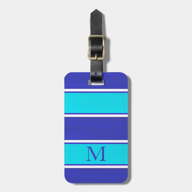 Aqua Royal Blue Cabana Stripes Luggage Tag (Front Vertical)