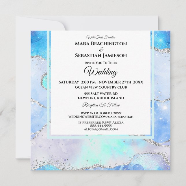 *~* AQUA RSVP Website Stars AR13 AGATE Wedding Invitation (Front)