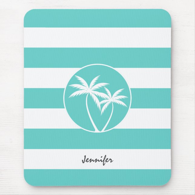 Aqua Rugby Stripes Tropical Palm Logo with Name Mouse Pad (Front)