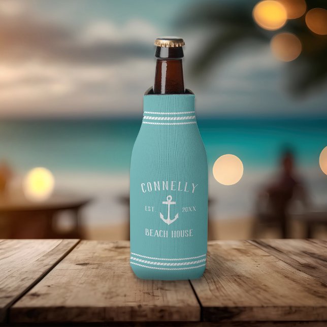 Aqua Rustic Anchor Personalised Beach House Bottle Cooler (Creator Uploaded)
