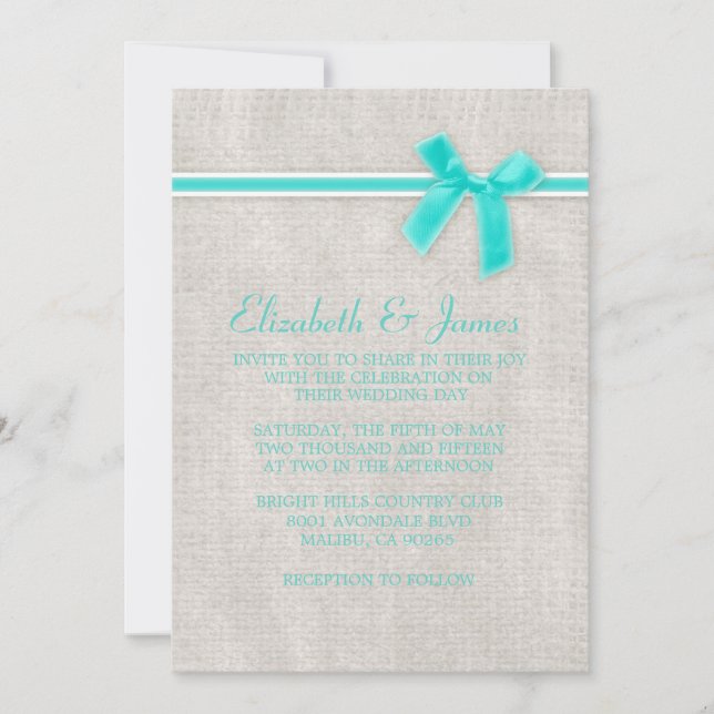 Aqua Rustic Burlap Wedding Invitations (Front)