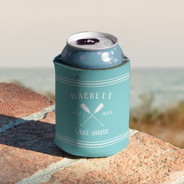Aqua Rustic Oars Personalised Lake House Can Cooler (Creator Uploaded)