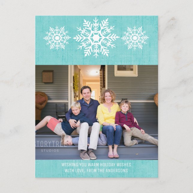Aqua Rustic Snowflake Holiday Photo Postcard (Front)