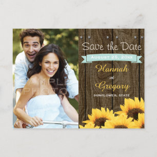 AQUA RUSTIC SUNFLOWER SAVE THE DATE POSTCARD