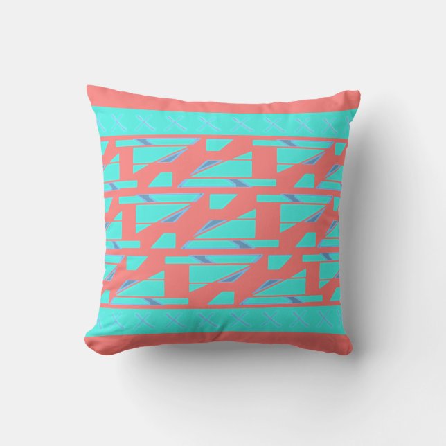 Aqua Salmon Bordered MCM Look Mosaic-like Design Cushion (Front)