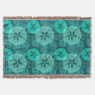 Aqua Sand Dollars Seashells Pattern on Dark Green Throw Blanket