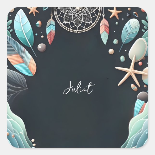 Aqua Sand Work Stacked Sea Glass Bridal Shower Square Sticker (Front)