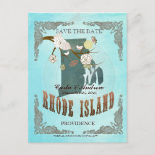 Aqua Save The Date - RI Map With Lovely Birds Announcement Postcard