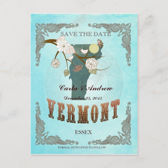 Aqua Save The Date -Vermont Map With Lovely Birds Announcement Postcard (Front)