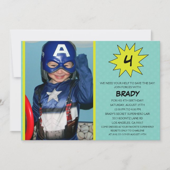 Aqua Save the Day Superhero Photo Birthday Party Invitation (Front)