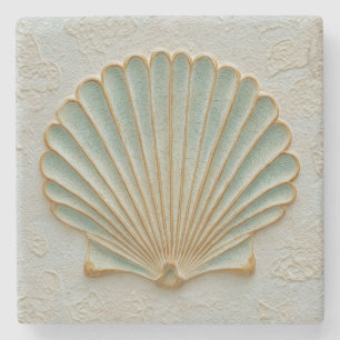 Aqua Scallop Shell Coastal Art Stone Coaster