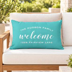Aqua Script Welcome Monogram Porch Lumbar Cushion