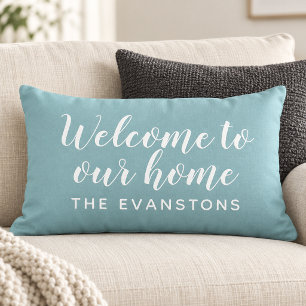 Aqua Script Welcome to Our Home Lumbar Cushion