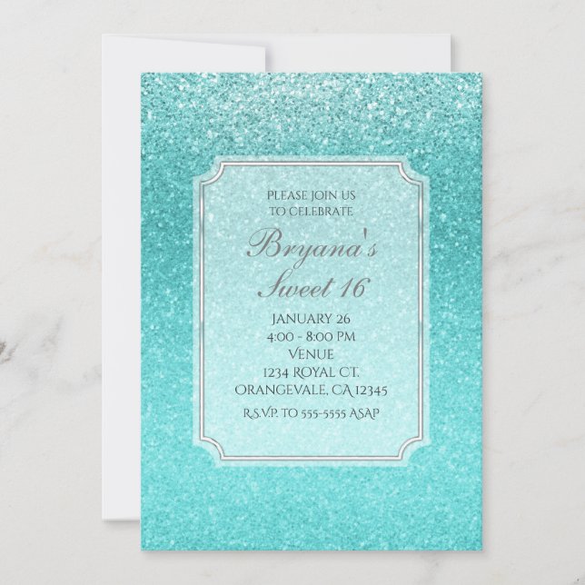Aqua Sea Blue Glitter Sparkle Party Invitations (Front)
