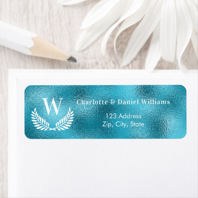 Aqua sea blue monogram return address return address label (Insitu)