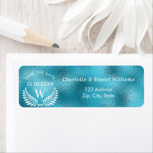 Aqua sea blue save date wedding return address label