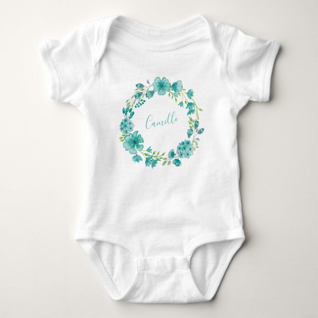 Aqua Sea Green Floral Wreath Personalised  Baby Bodysuit (Front)