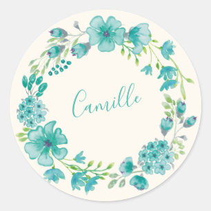 Aqua Sea Green Floral Wreath Personalised   Classic Round Sticker