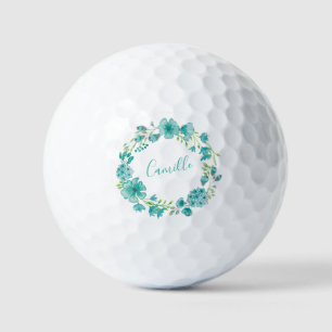 Aqua Sea Green Floral Wreath Personalised Golf Balls