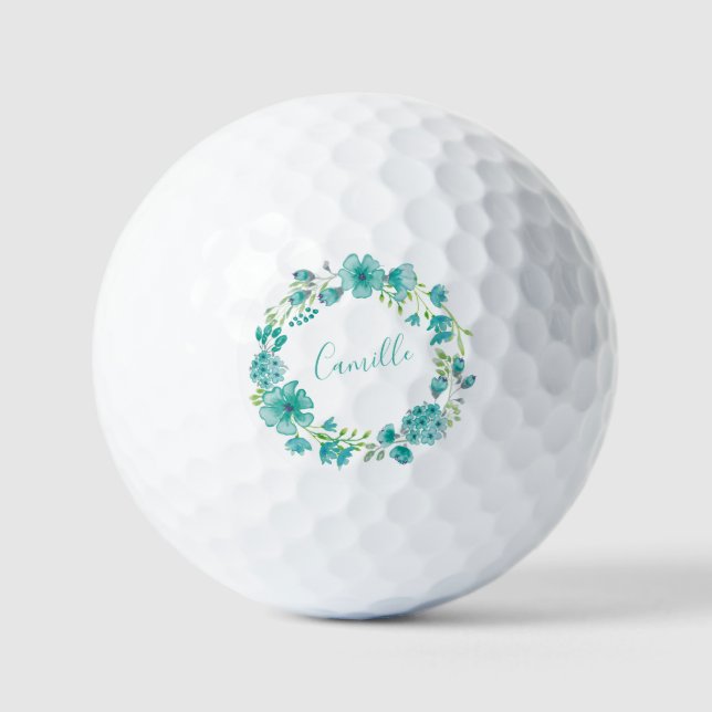 Aqua Sea Green Floral Wreath Personalised Golf Balls (Front)