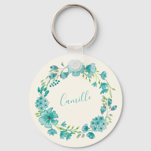 Aqua Sea Green Floral Wreath Personalised  Key Ring (Front)