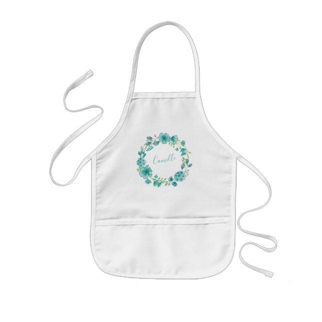 Aqua Sea Green Floral Wreath Personalised  Kids Apron (Front)
