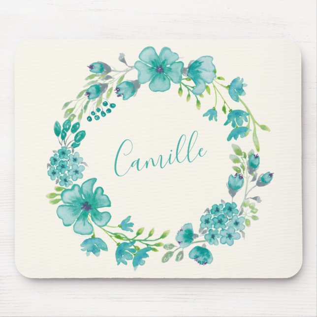 Aqua Sea Green Floral Wreath Personalised  Mouse Pad (Front)
